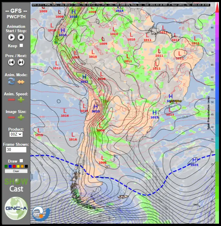GFS composite: PSML + 10m Wind